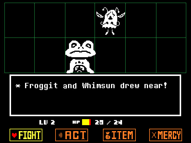 A battle menu offers Fight, Act, Item and Mercy against two monsters.