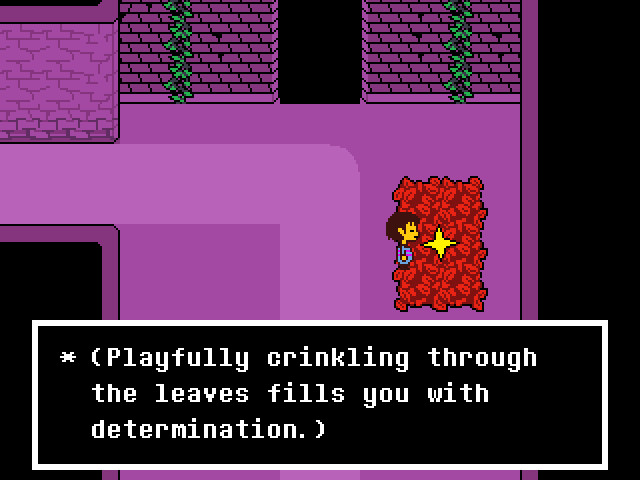 The protagonist stands among red leaves in a purple corridor.