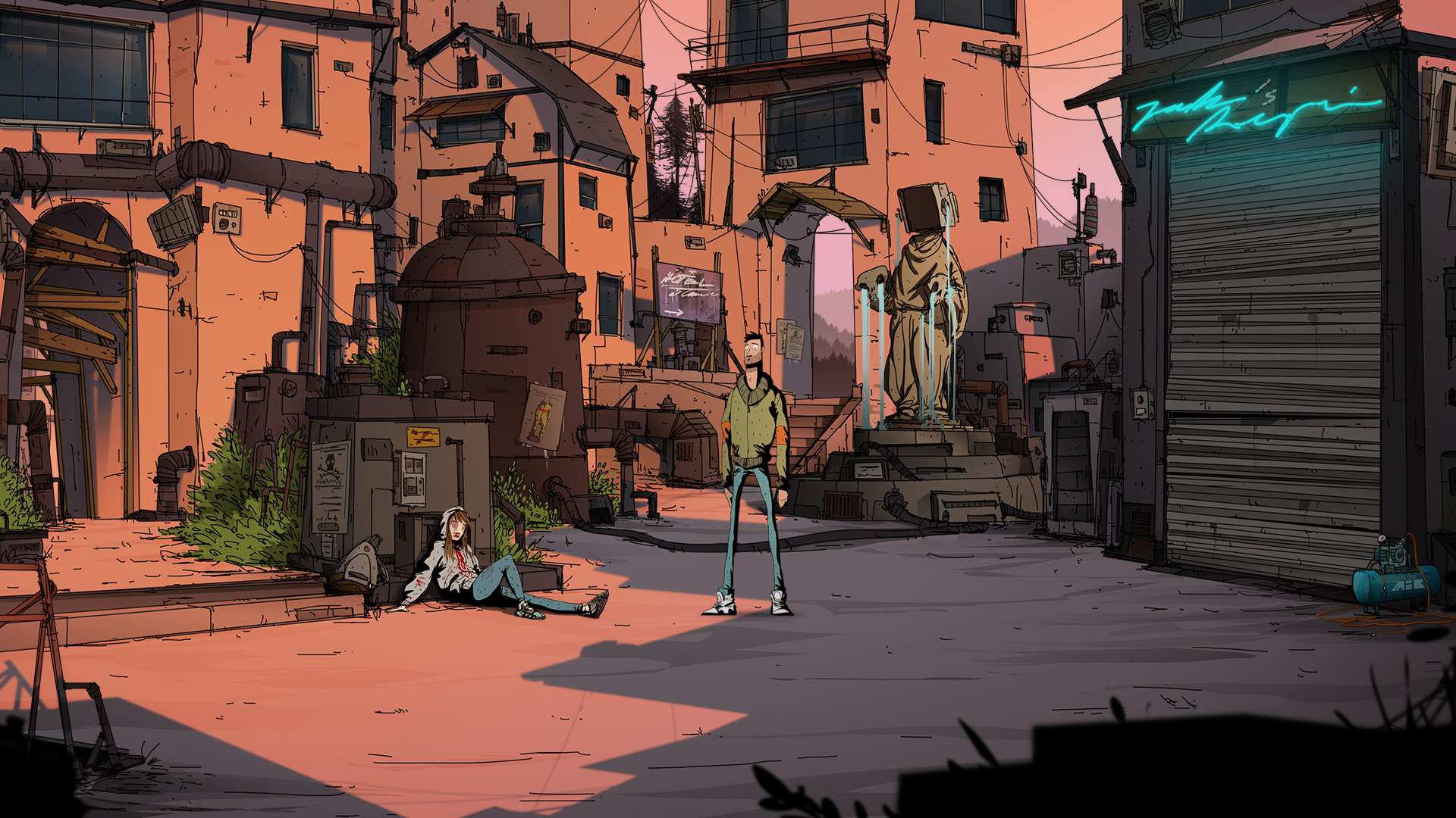 Harper walks through a city street with a companion.
