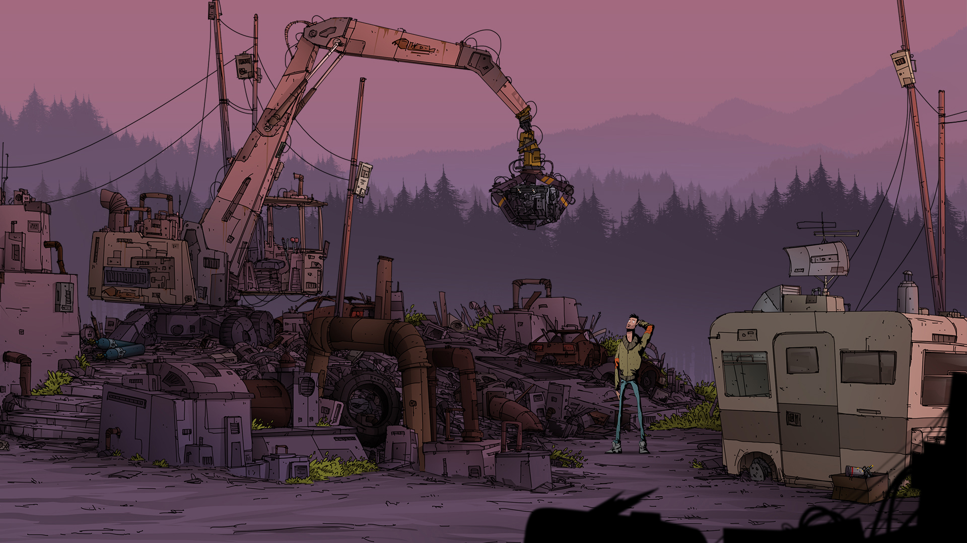 A scrapyard crane towers over an outdoor puzzle scene.