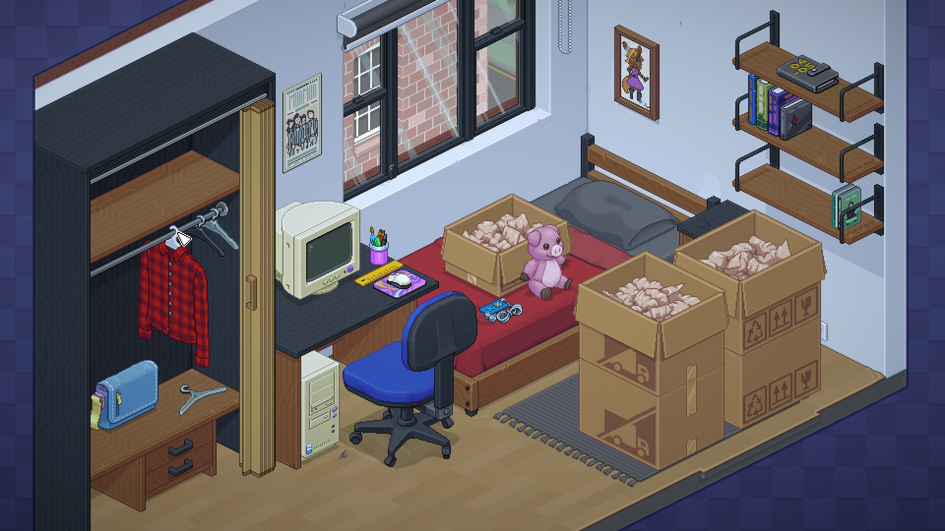 Moving boxes fill a bedroom with a desk, wardrobe and stuffed toy.