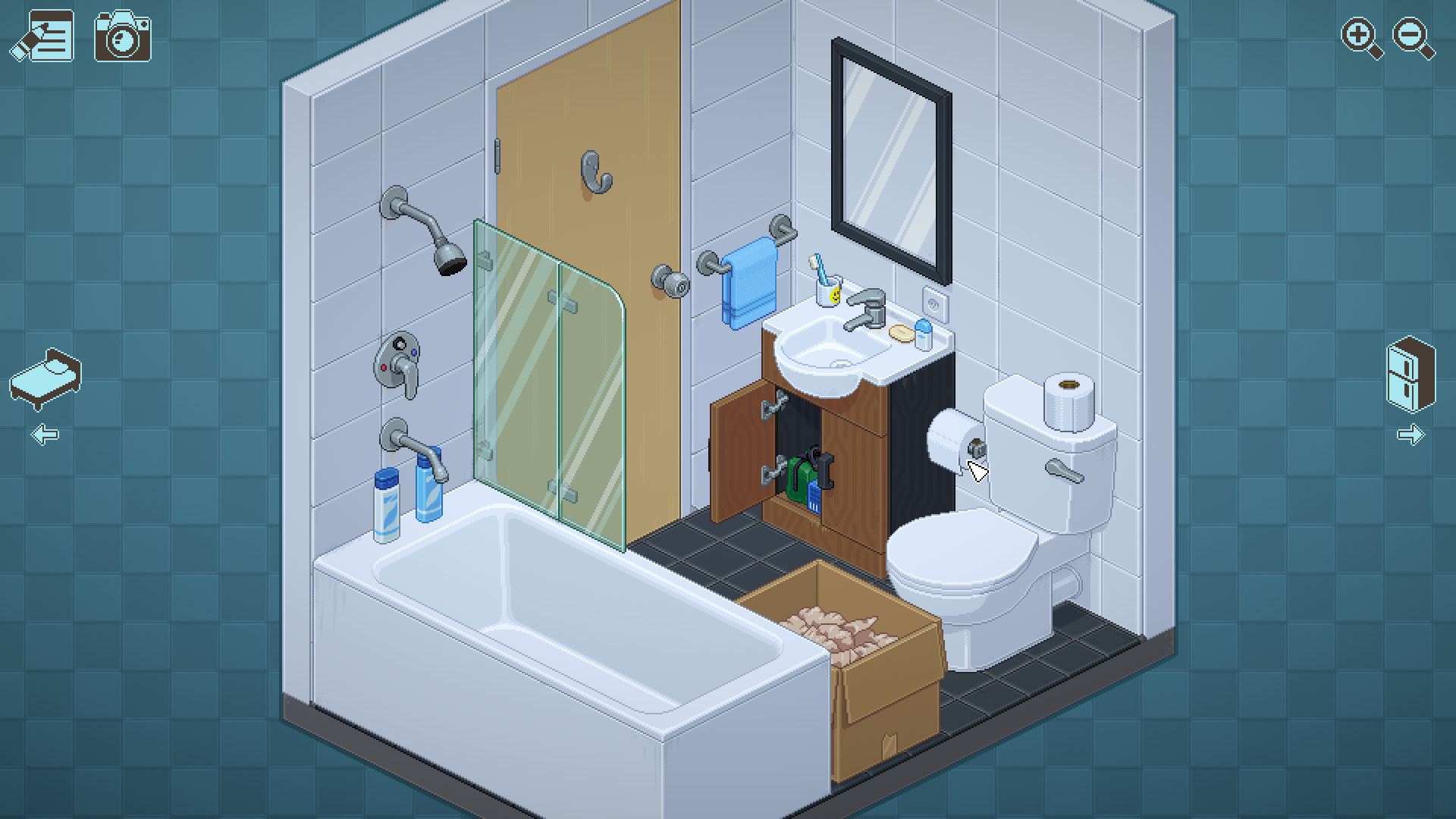 An opened box sits beside a bathroom sink, bathtub and toilet.