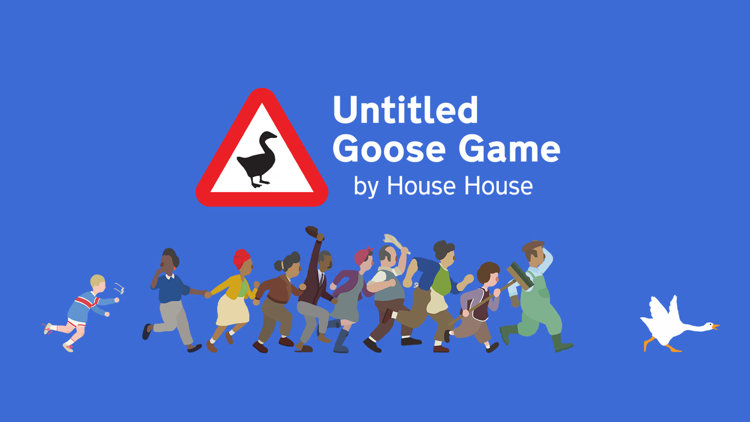 A white goose runs ahead of villagers beneath the Untitled Goose Game title.