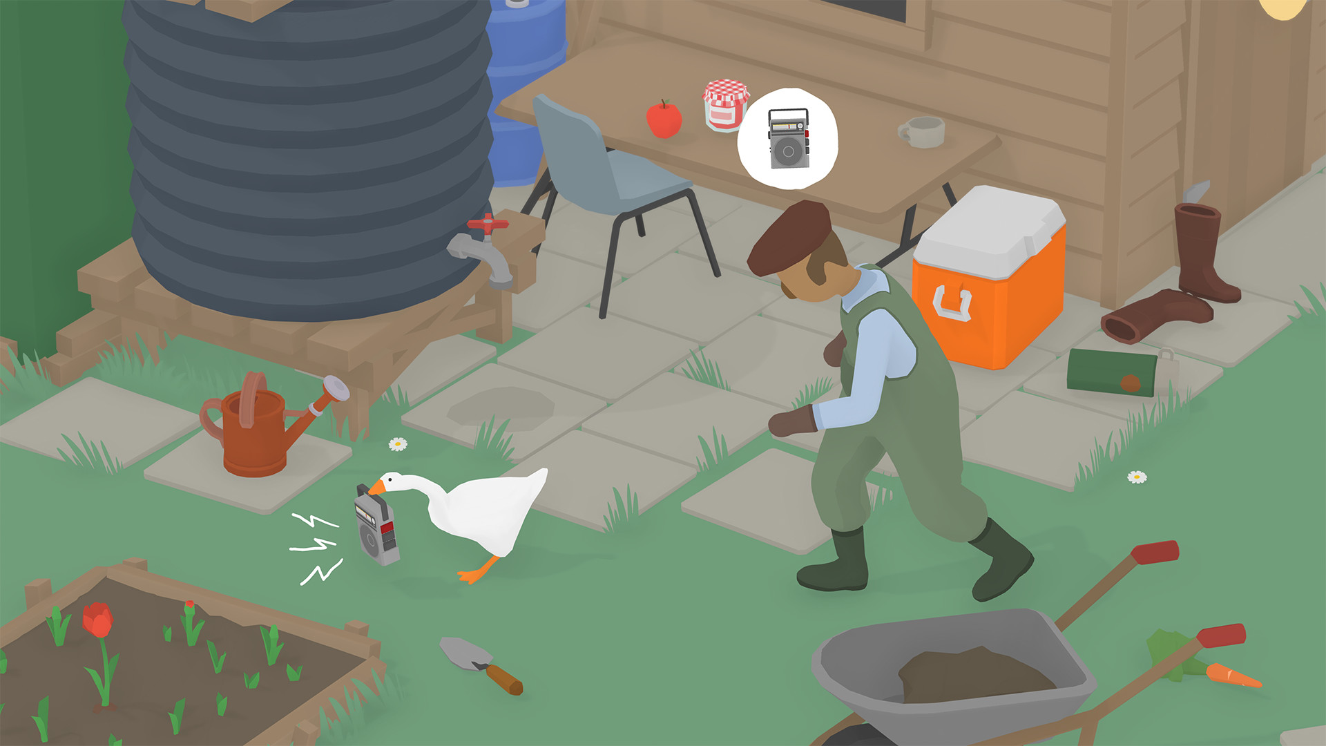 The goose approaches a groundskeeper among garden tools.
