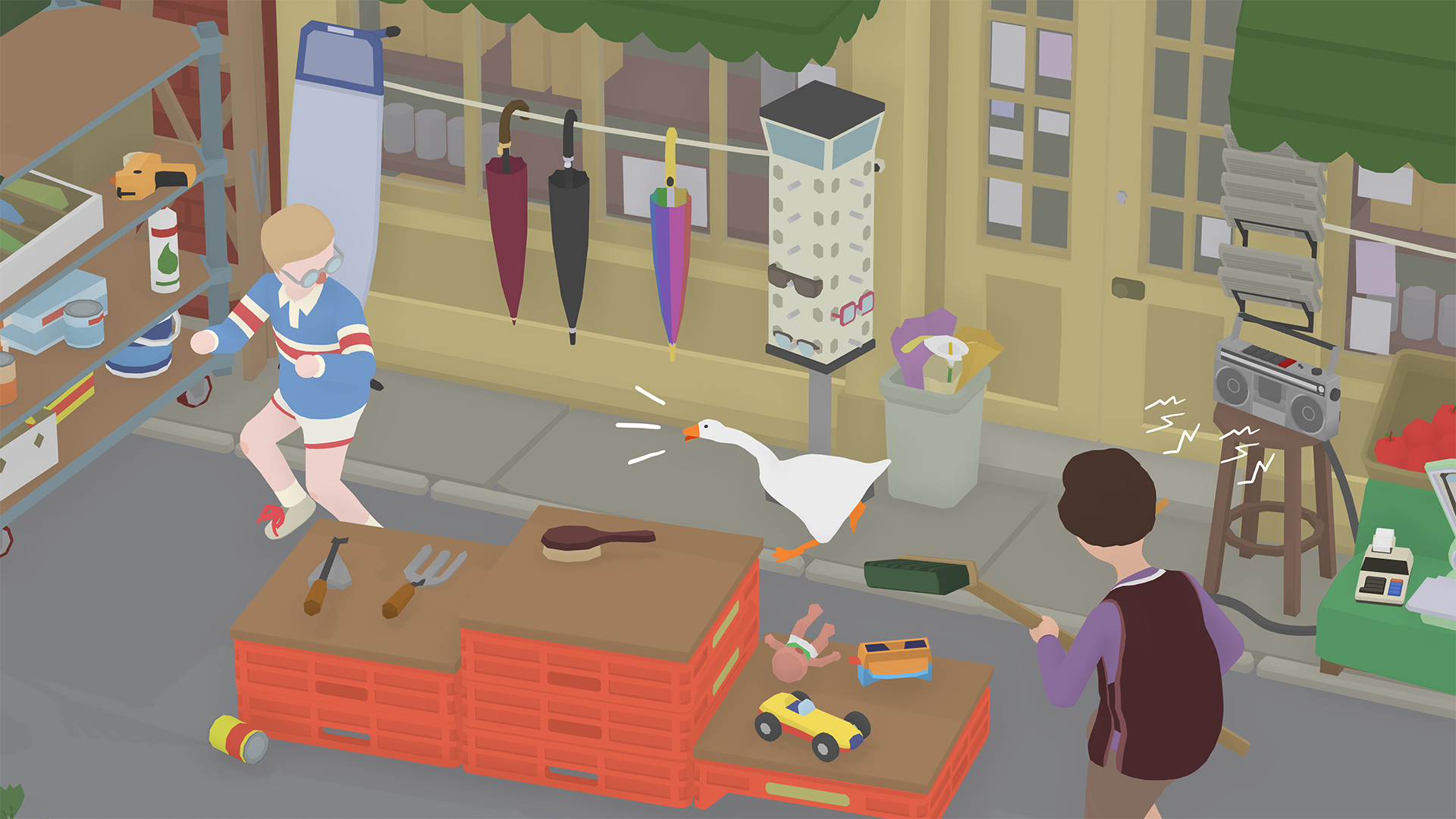 A goose honks at villagers beside the high-street shop.