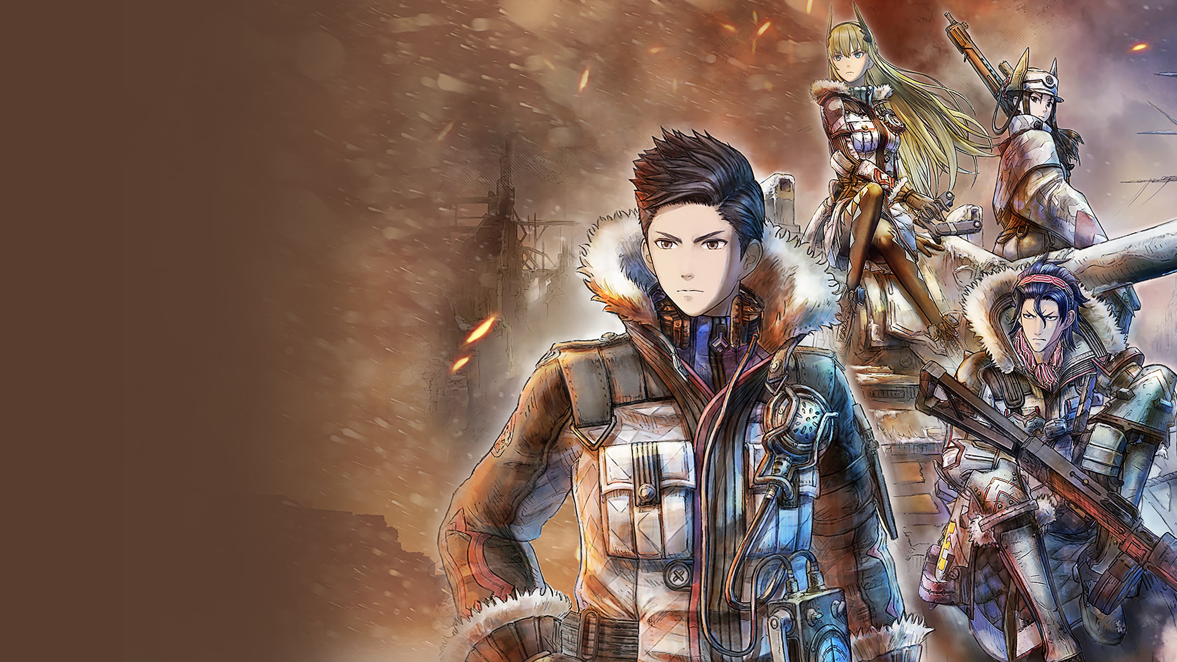 Claude and members of Squad E stand amid the series' watercolor-style war artwork.