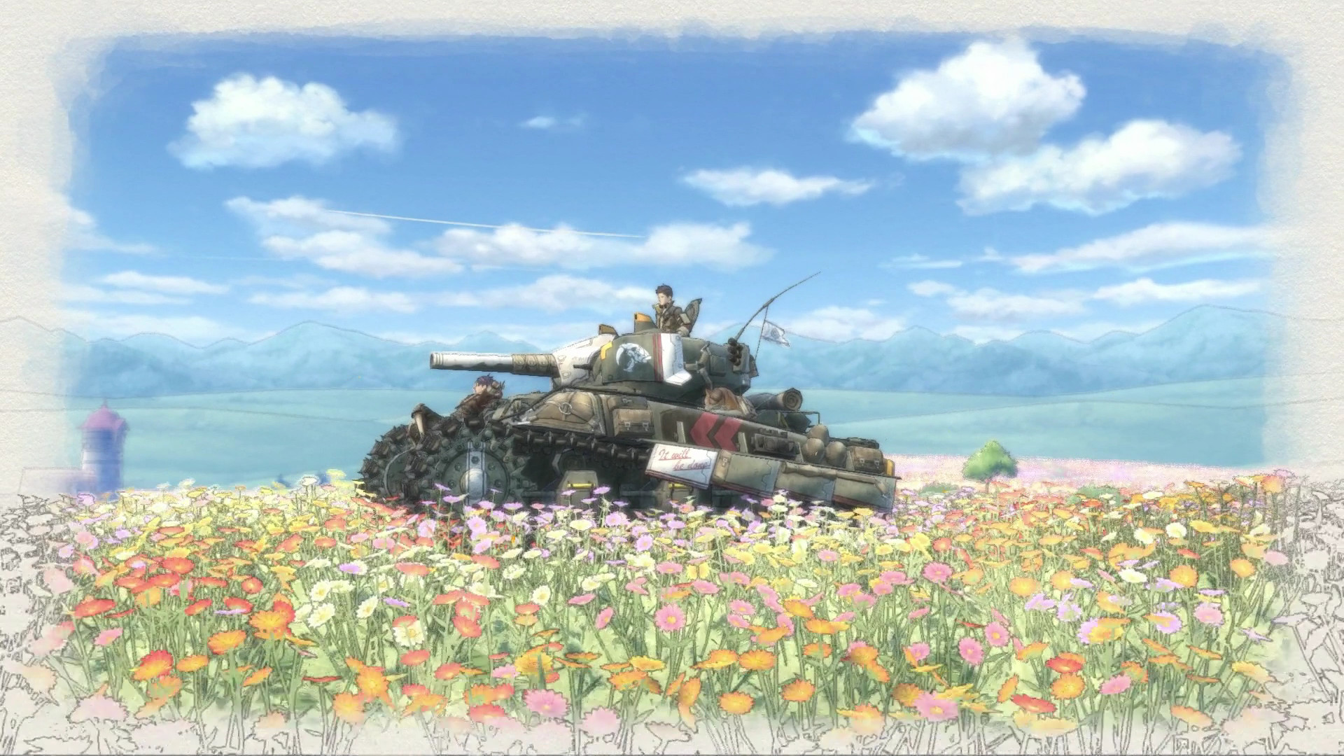 A tank crosses a field of flowers beneath a blue sky.