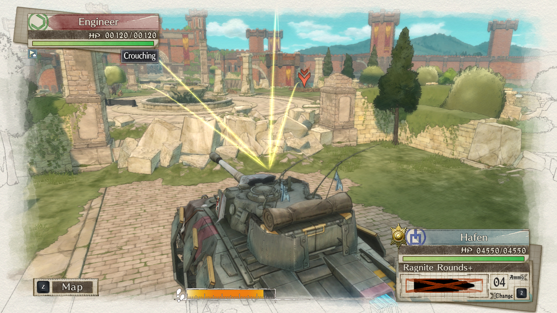 A tank aims toward an engineer in a ruined town.