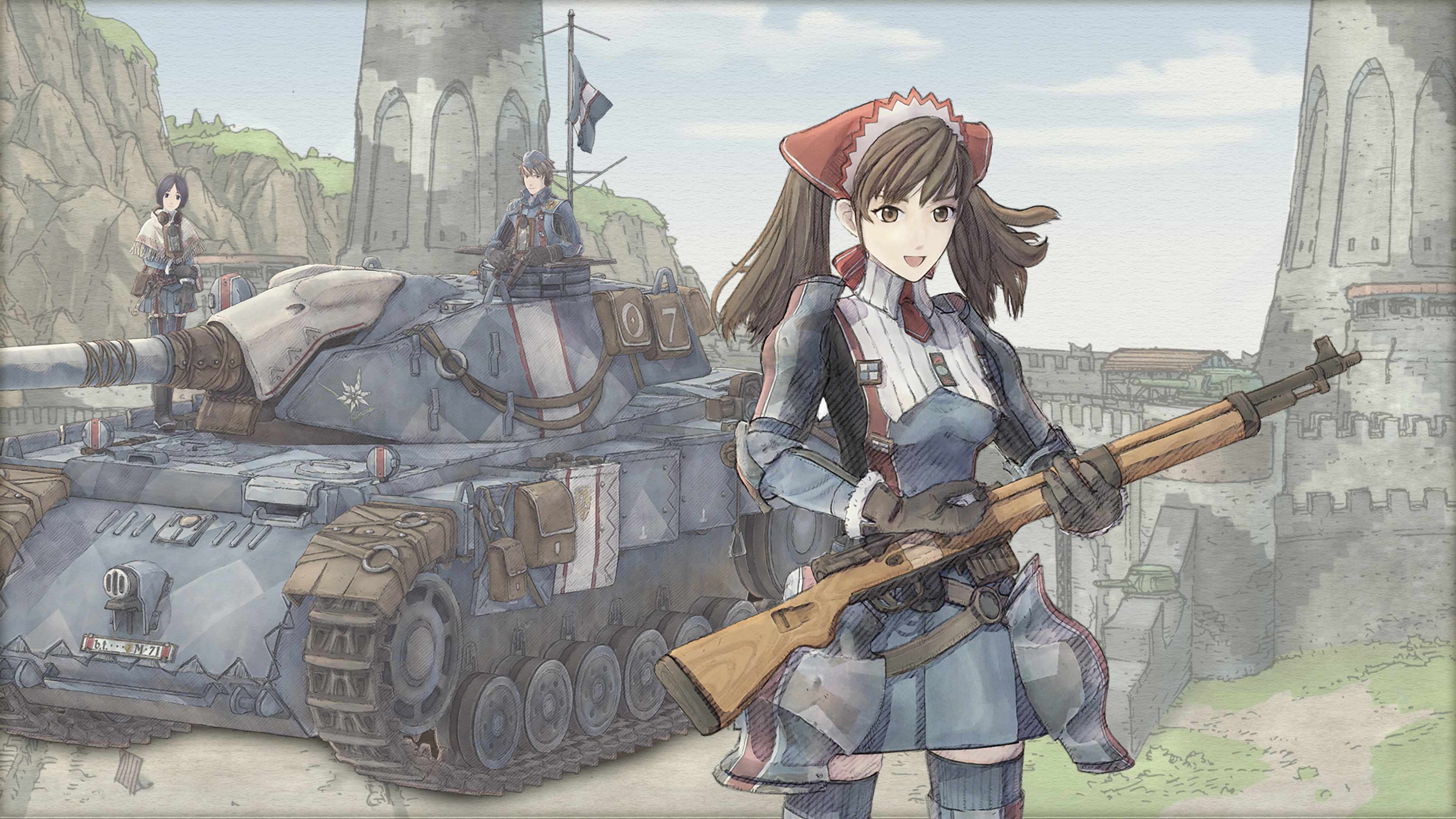 Gallian soldier with rifle stands before a tank in a ruined watercolor city.