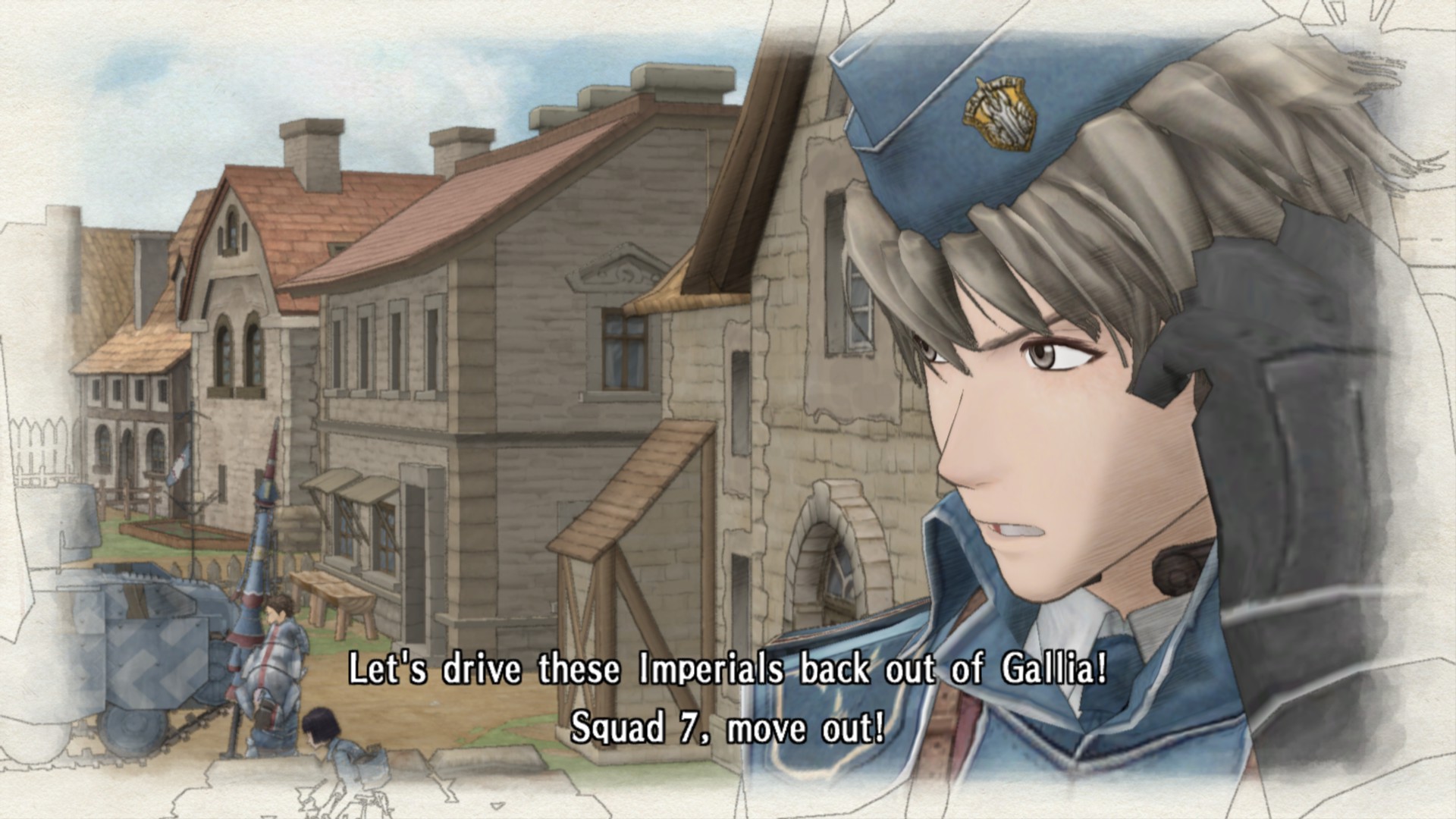 A Gallian soldier addresses Squad 7 in a town street.