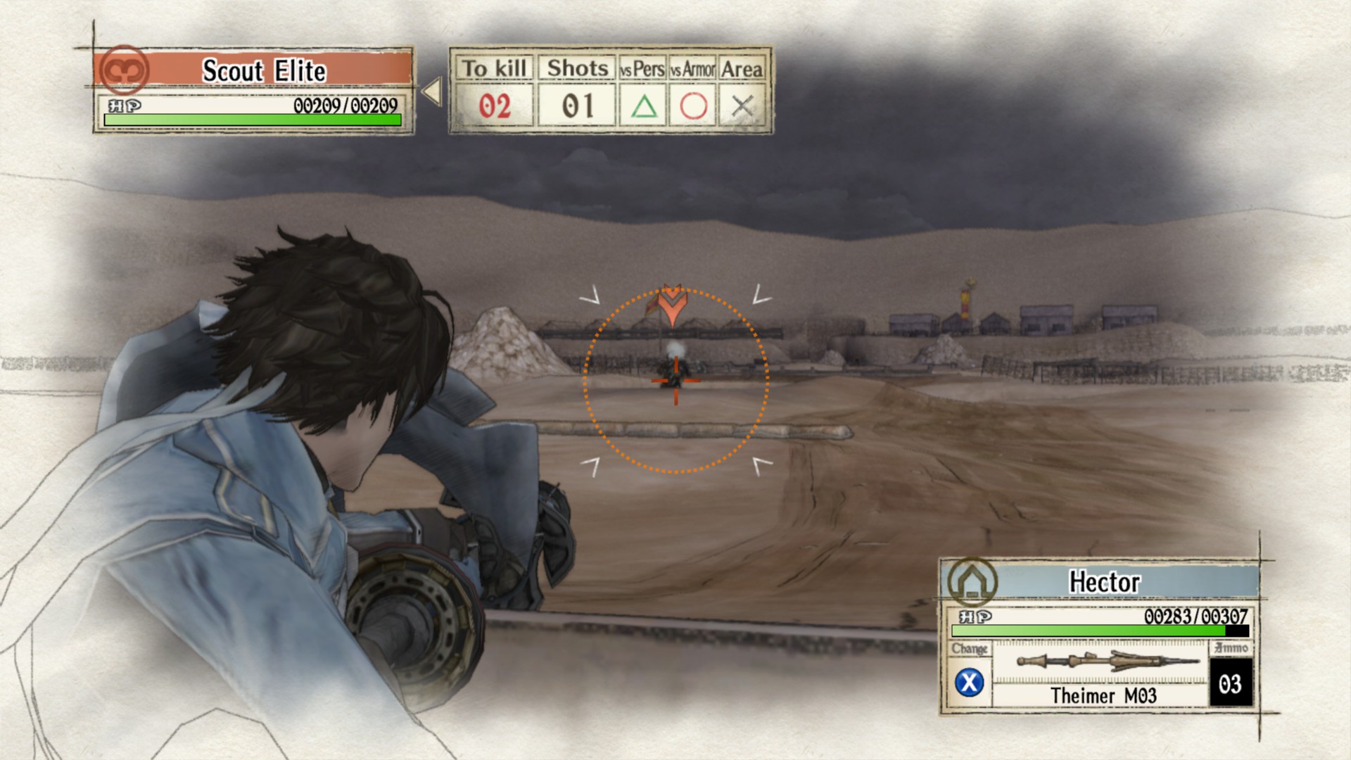 A scout aims across an open battlefield.