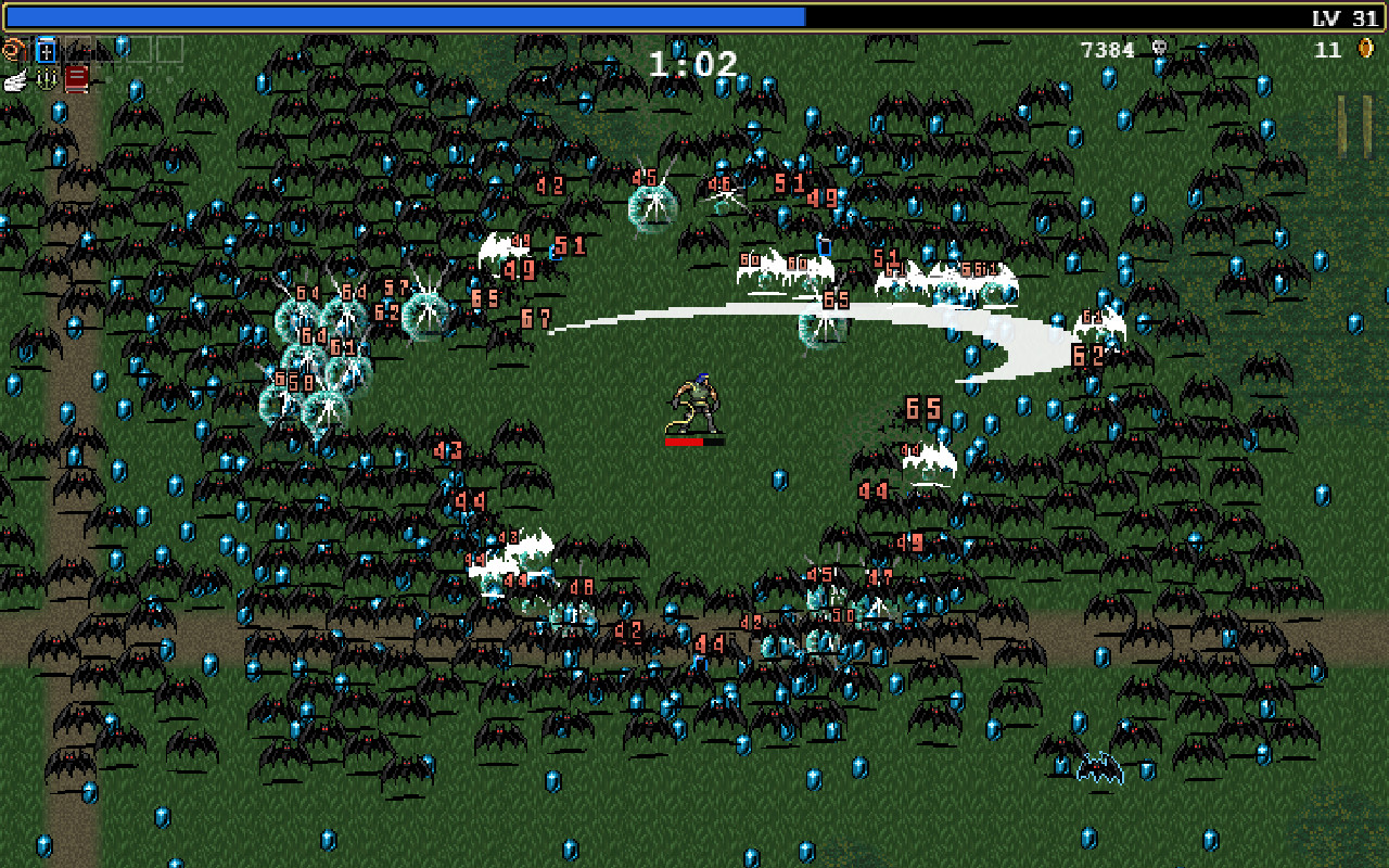 A character fights a dense crowd of enemies on a grassy stage.