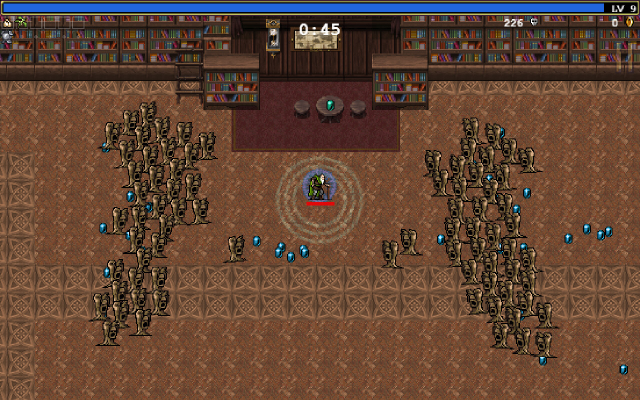 A character faces advancing enemies in a room lined with bookshelves.