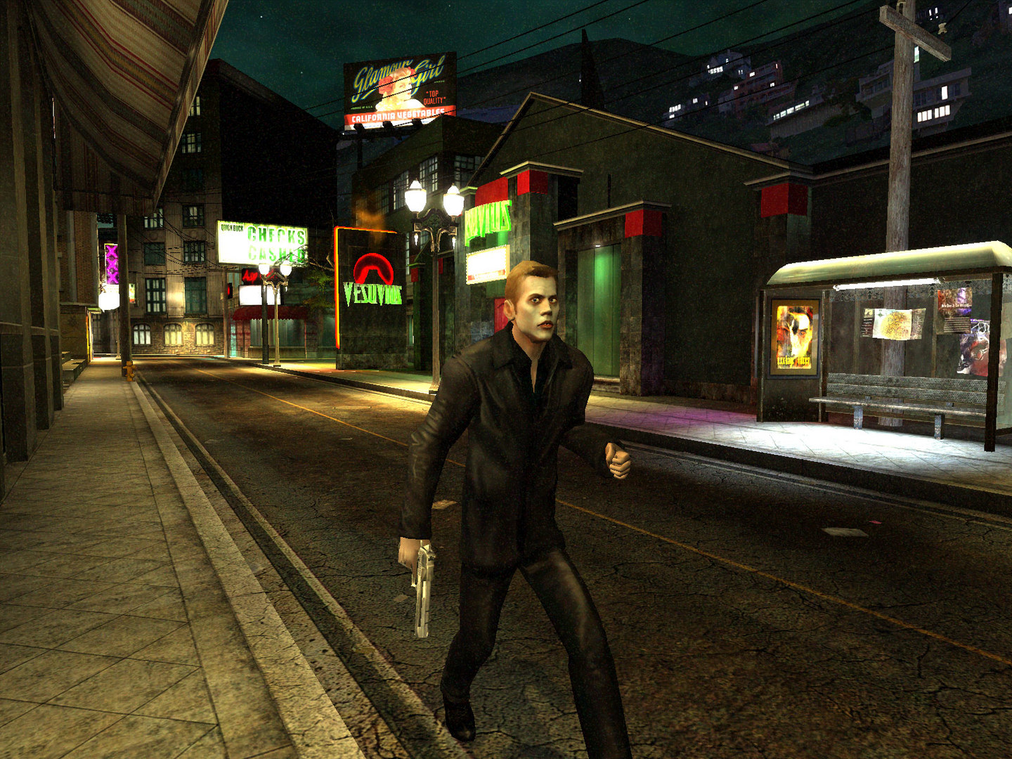 A vampire carries a handgun through a Los Angeles street at night.