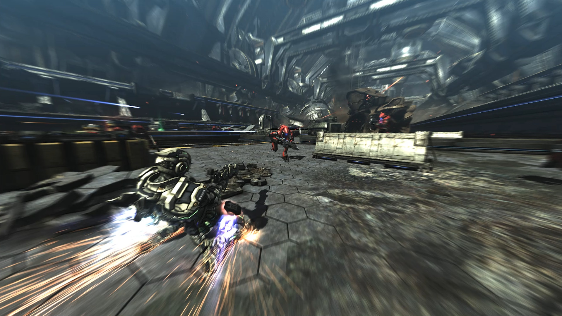 Sam Gideon boost-slides through an industrial combat zone.