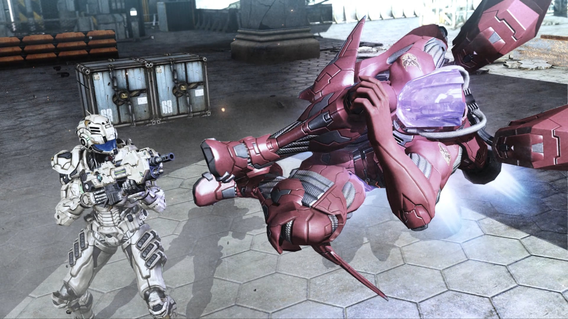 An armoured fighter aims at a hovering red machine.