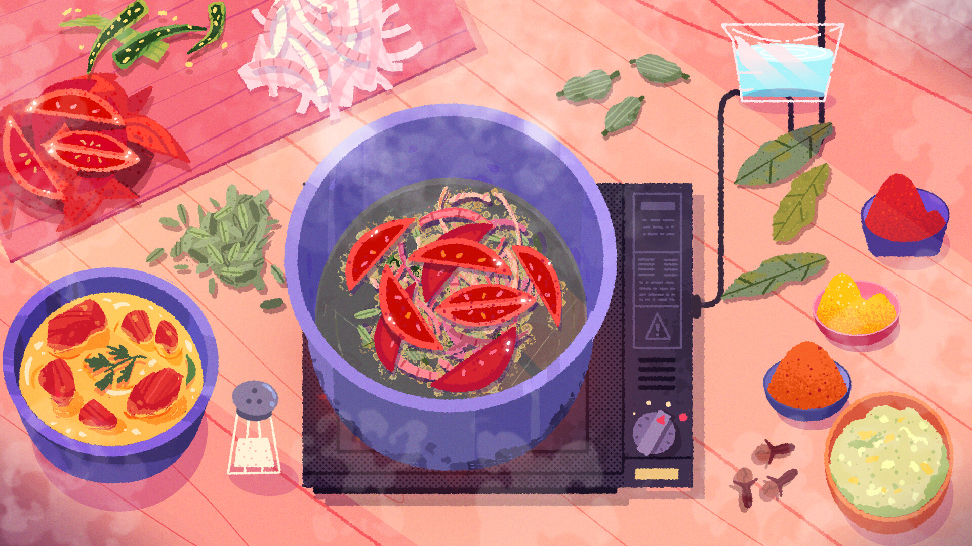Ingredients surround a pot during a cooking puzzle.