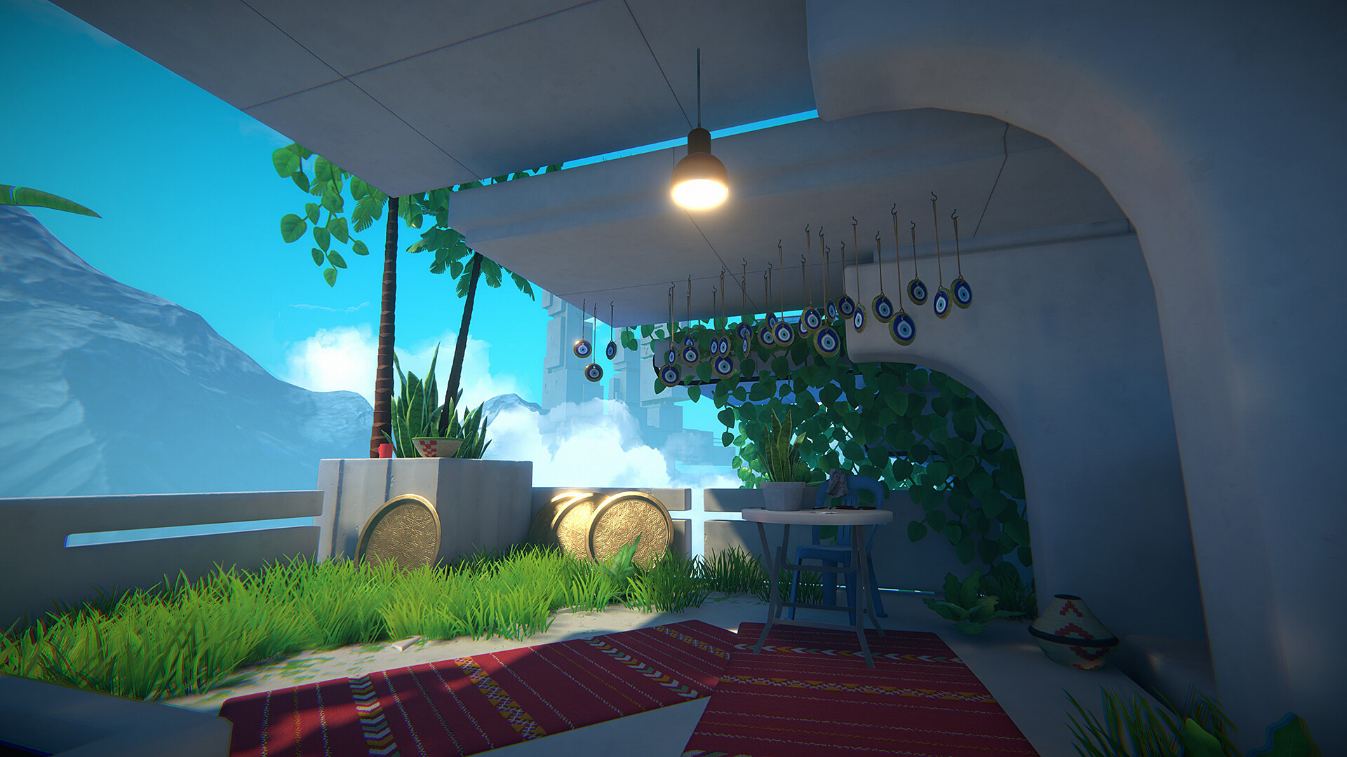 A sunlit room opens toward distant mountains in Viewfinder.