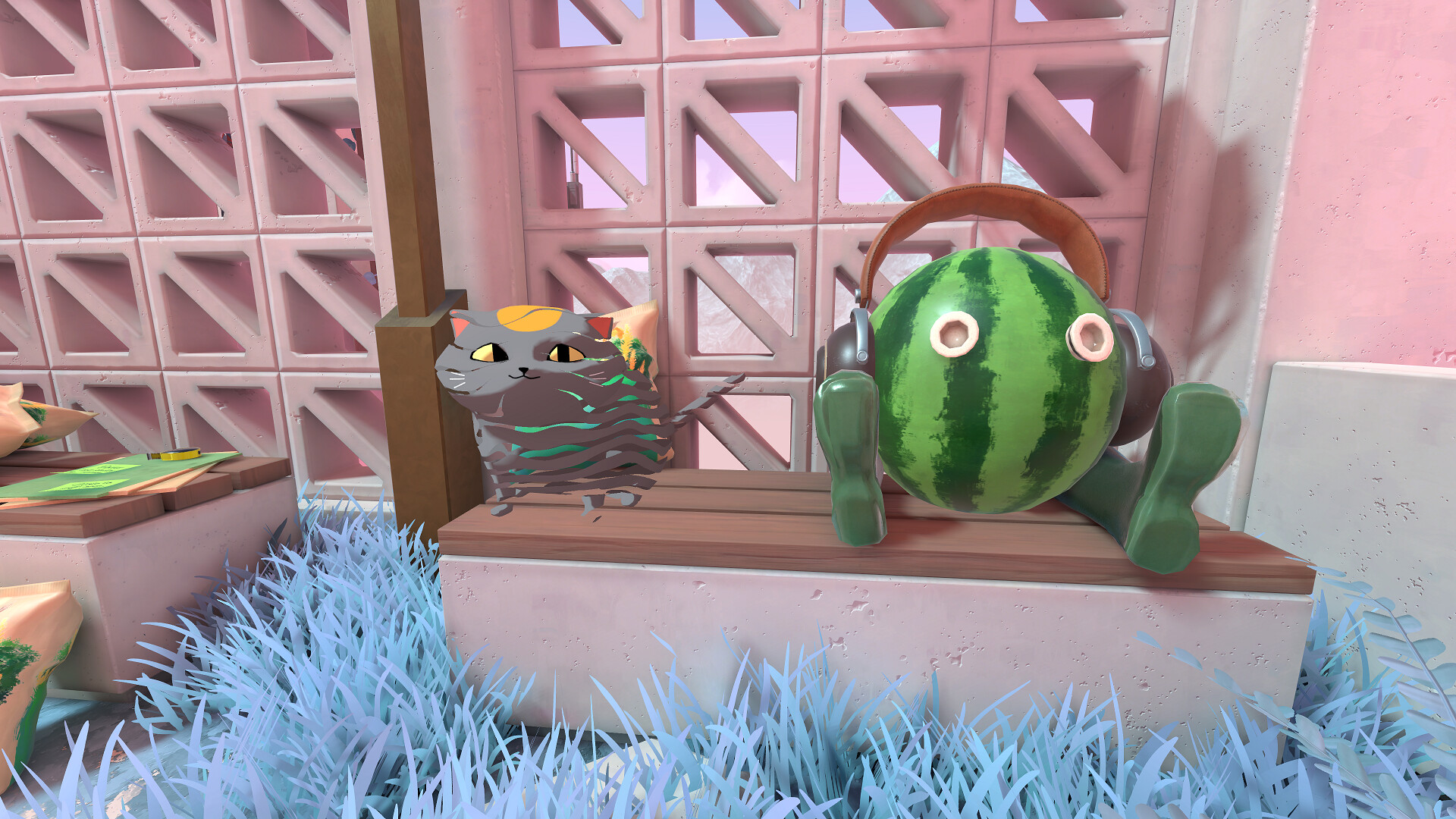 A room displays a watermelon character wearing headphones beside a wall of geometric openings.