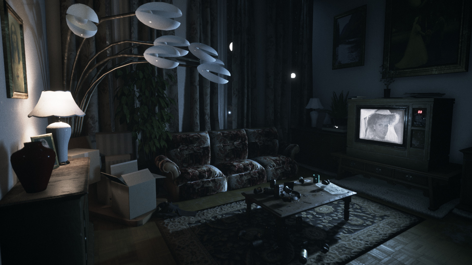 A television glows in a cluttered living room.