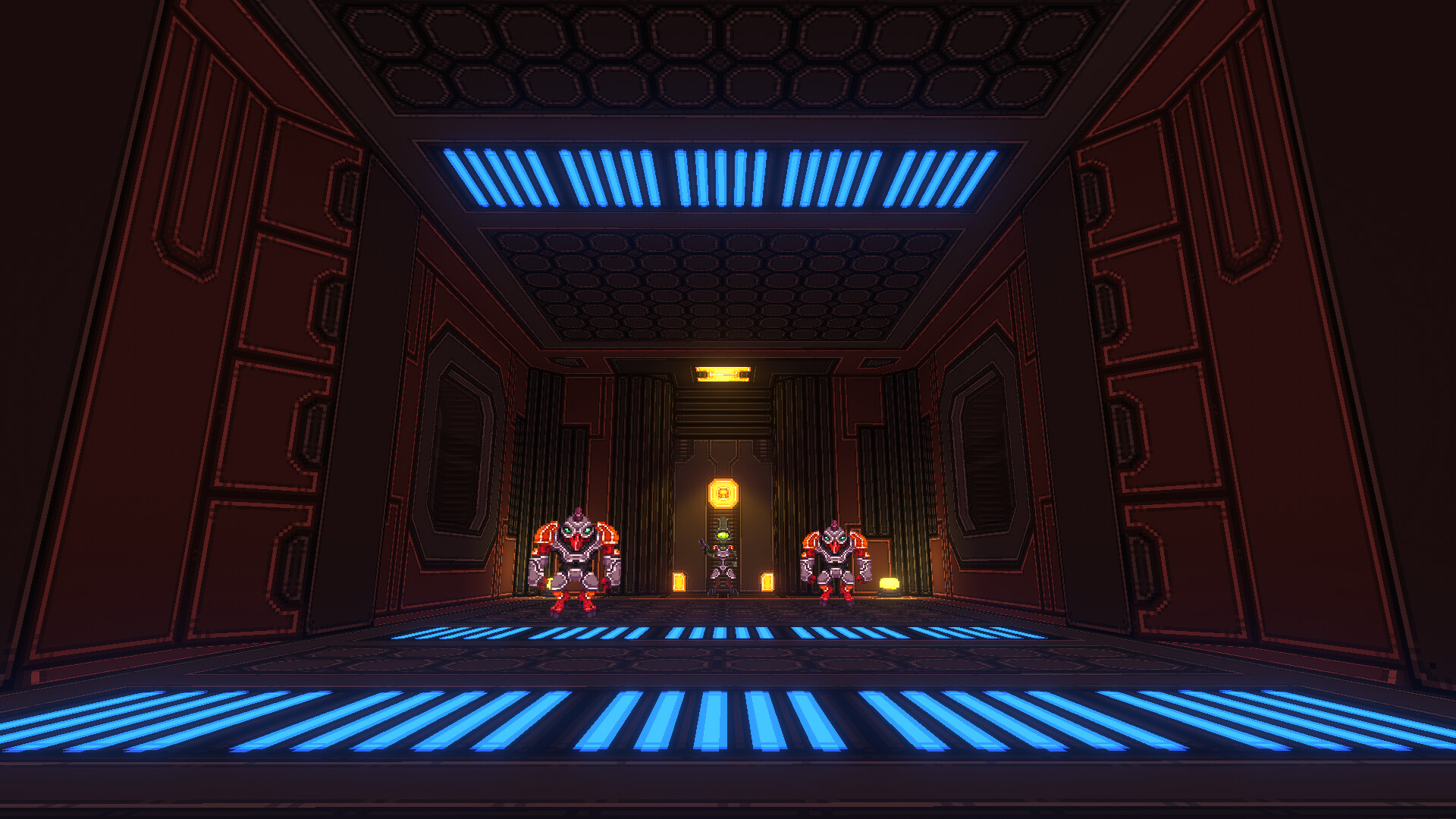 Two enemies approach inside a red-lit corridor.