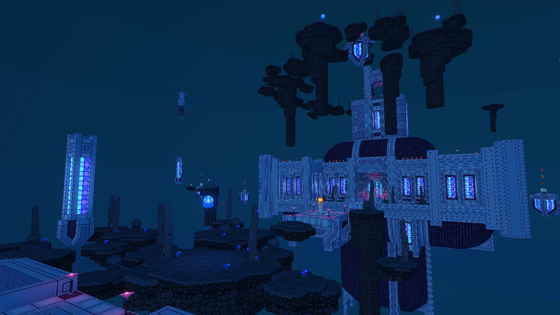 Blue-lit towers rise above a dark, floating city.