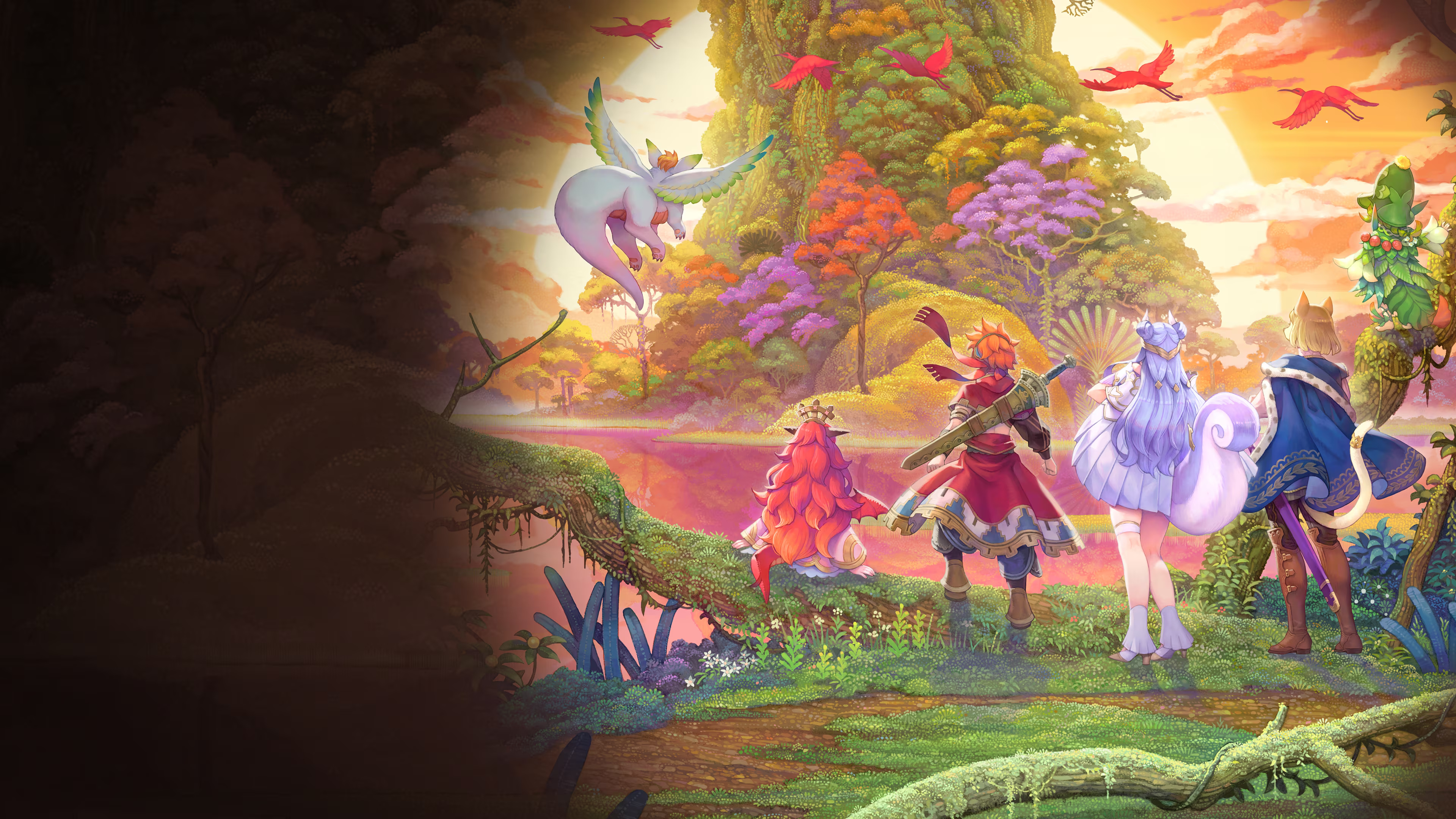 Visions of Mana characters face a colourful Mana Tree at sunset.