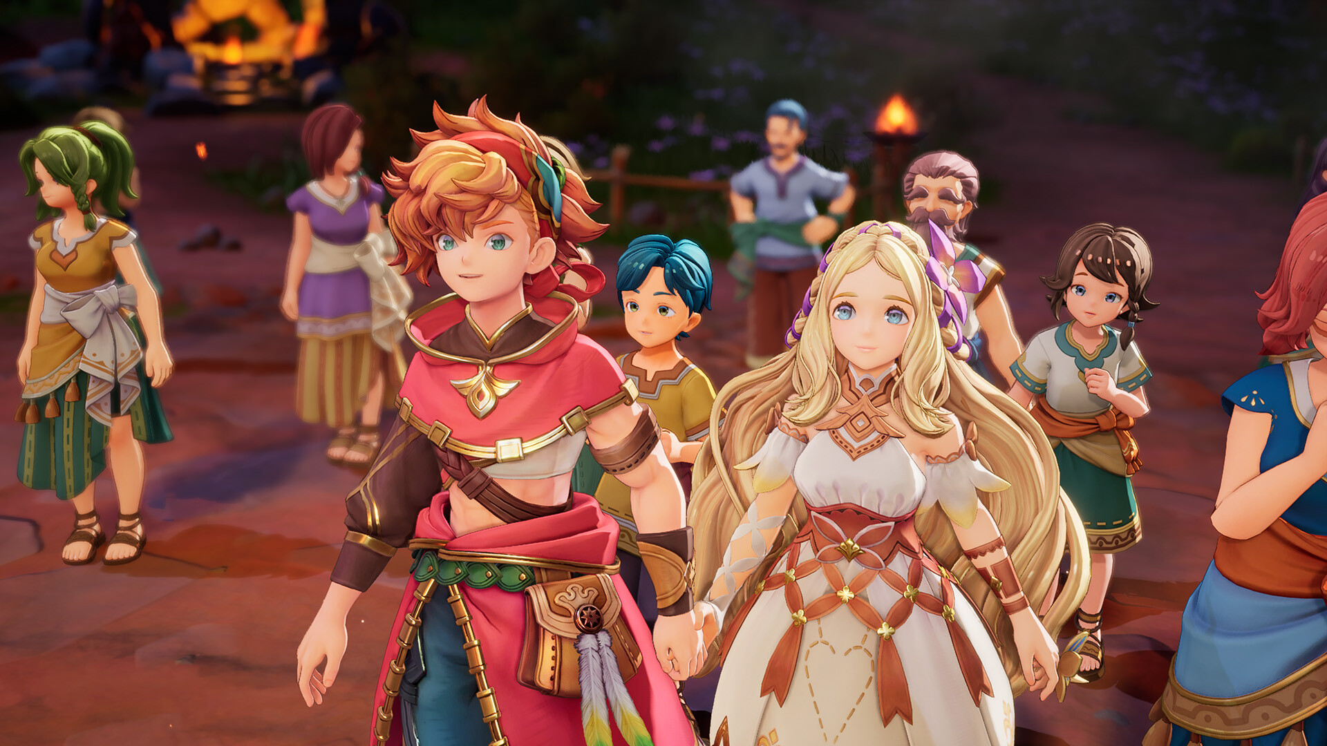 Val and Hinna stand together among residents in a town.