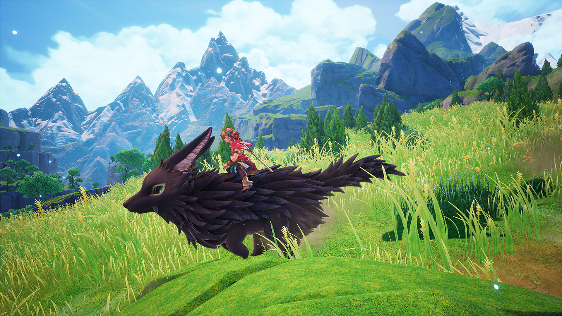 Val rides a dark creature through a green meadow beneath distant mountains.