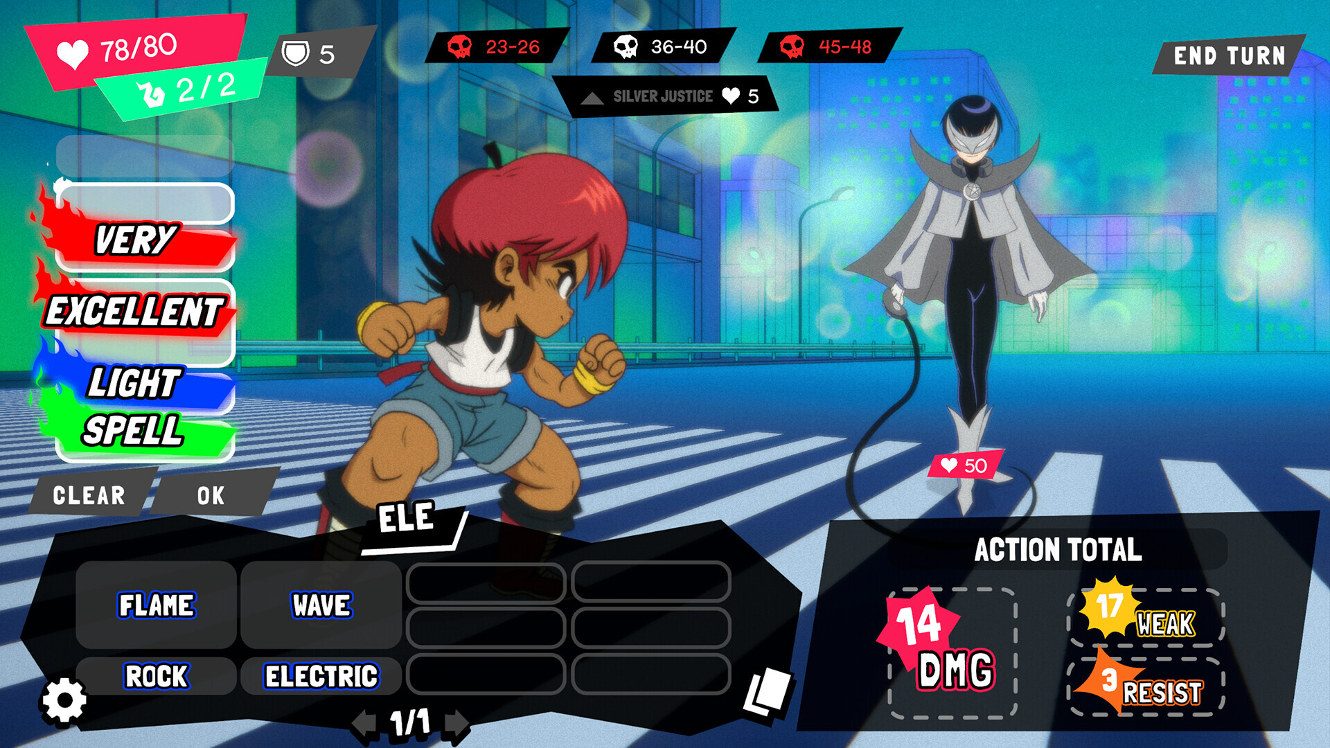 A word-combination menu overlays a turn-based Kiai battle.