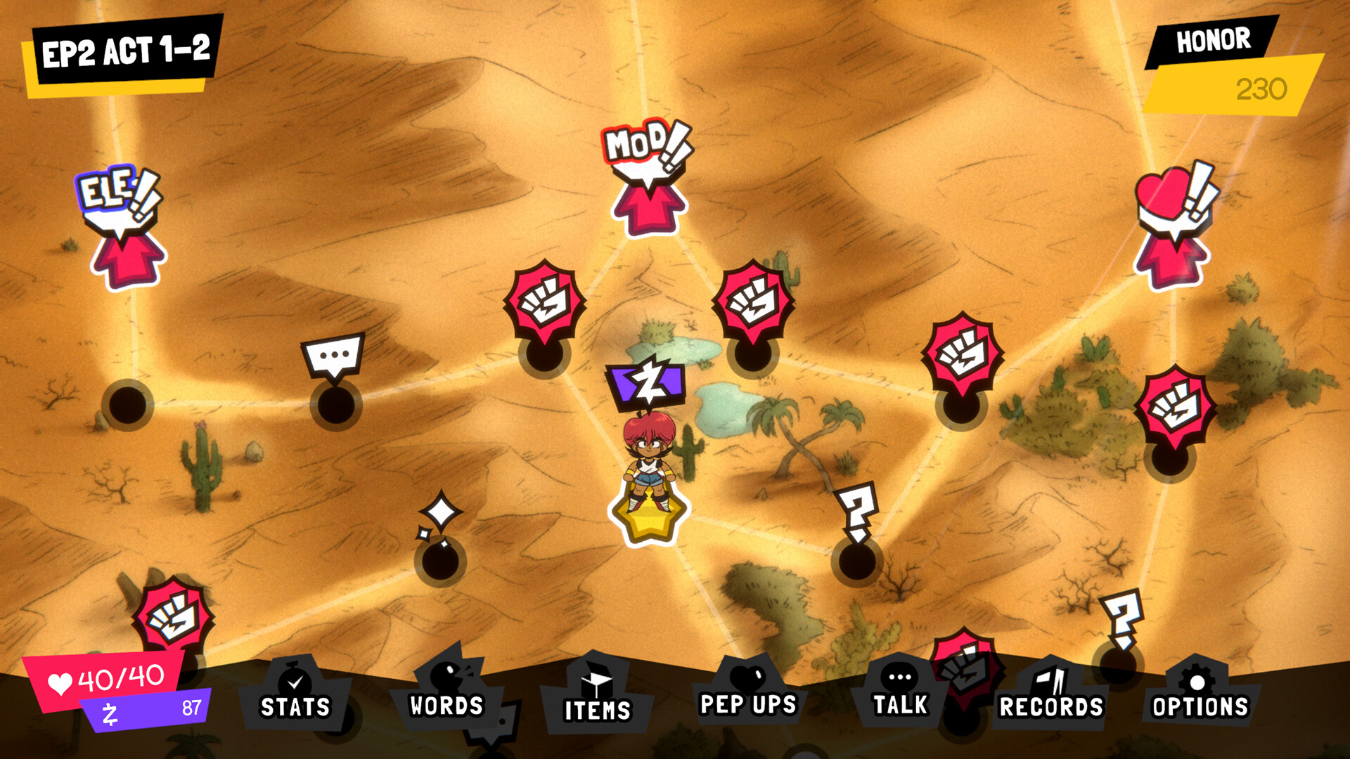 An episode map displays branching routes and event icons.