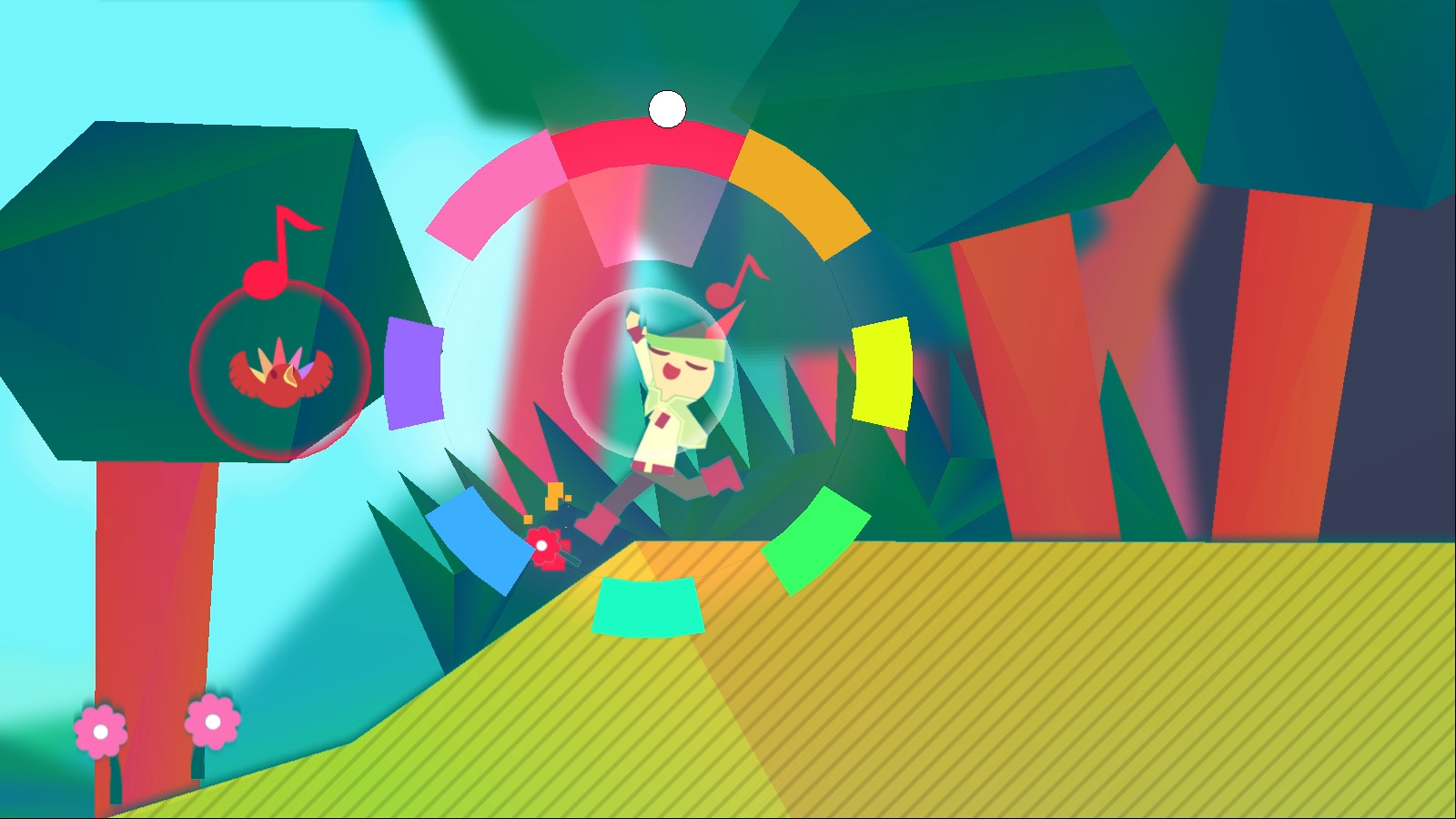 The bard sings beneath a rainbow color wheel on a colorful platform.