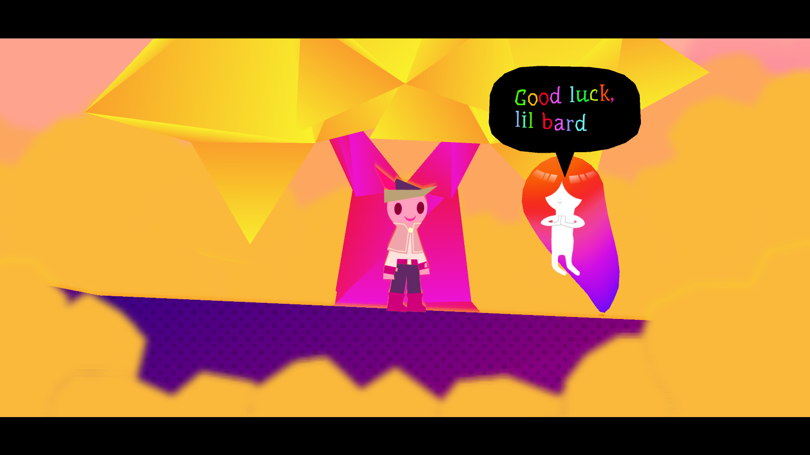 The bard stands beside a figure whose speech bubble reads Good luck lil bard.