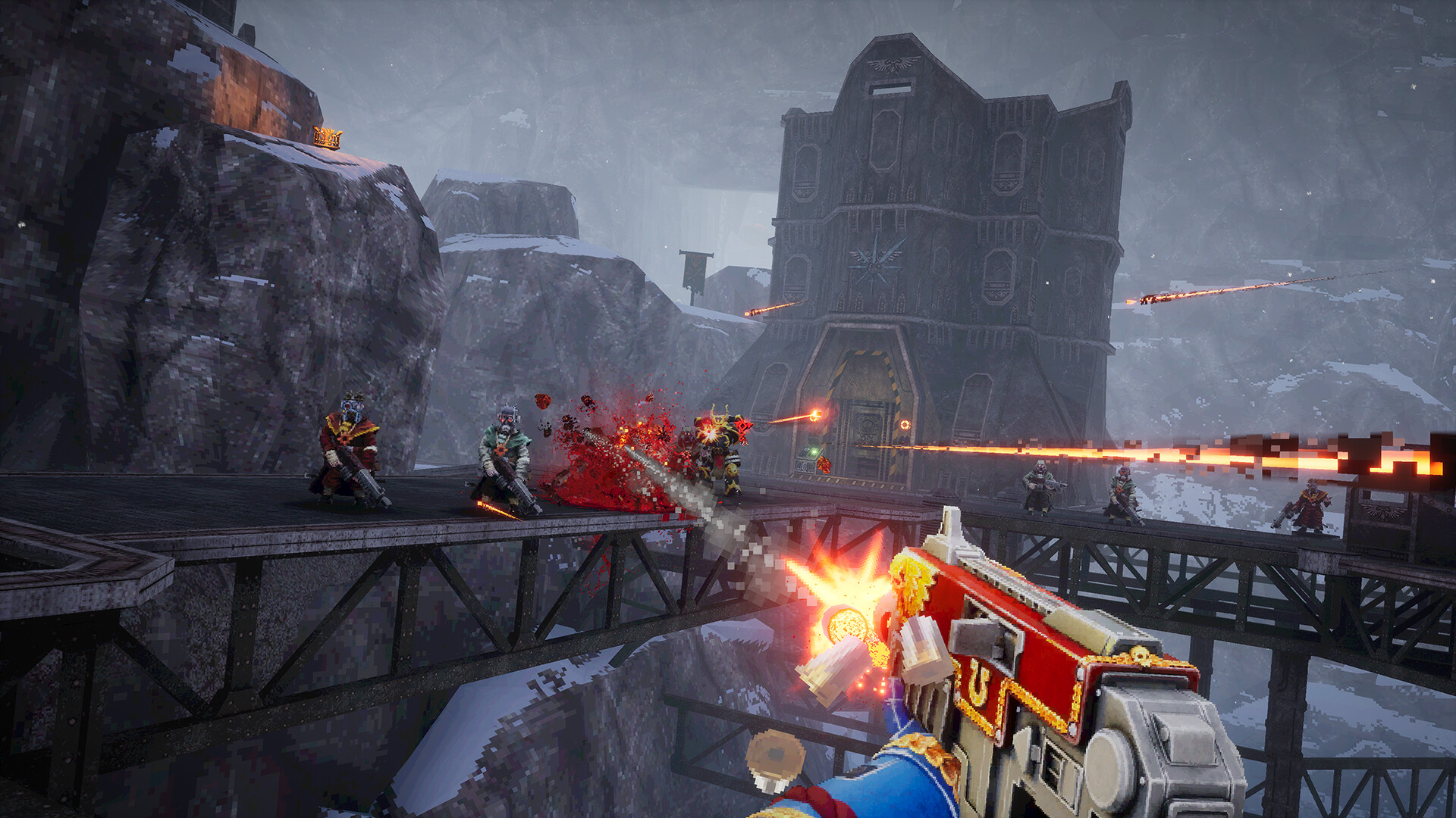The player fires a boltgun at enemies on a bridge.