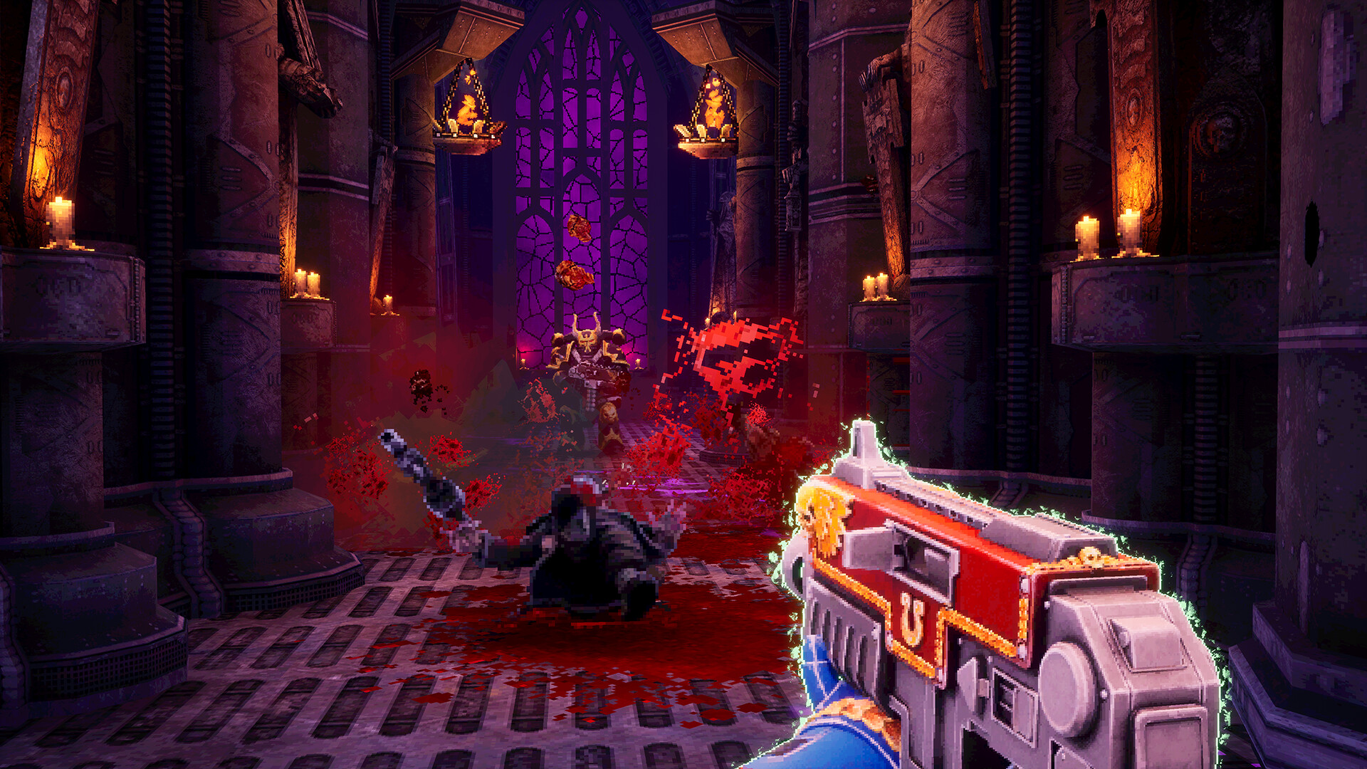 The player fights Chaos forces inside a purple-lit hall.