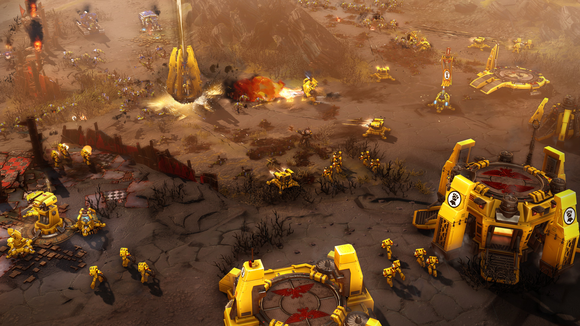 Yellow-armoured troops advance near an outpost.
