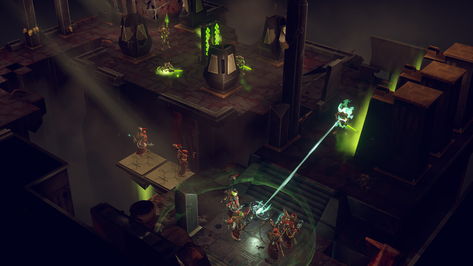 A tactical squad battles among the machinery of a Necron tomb.