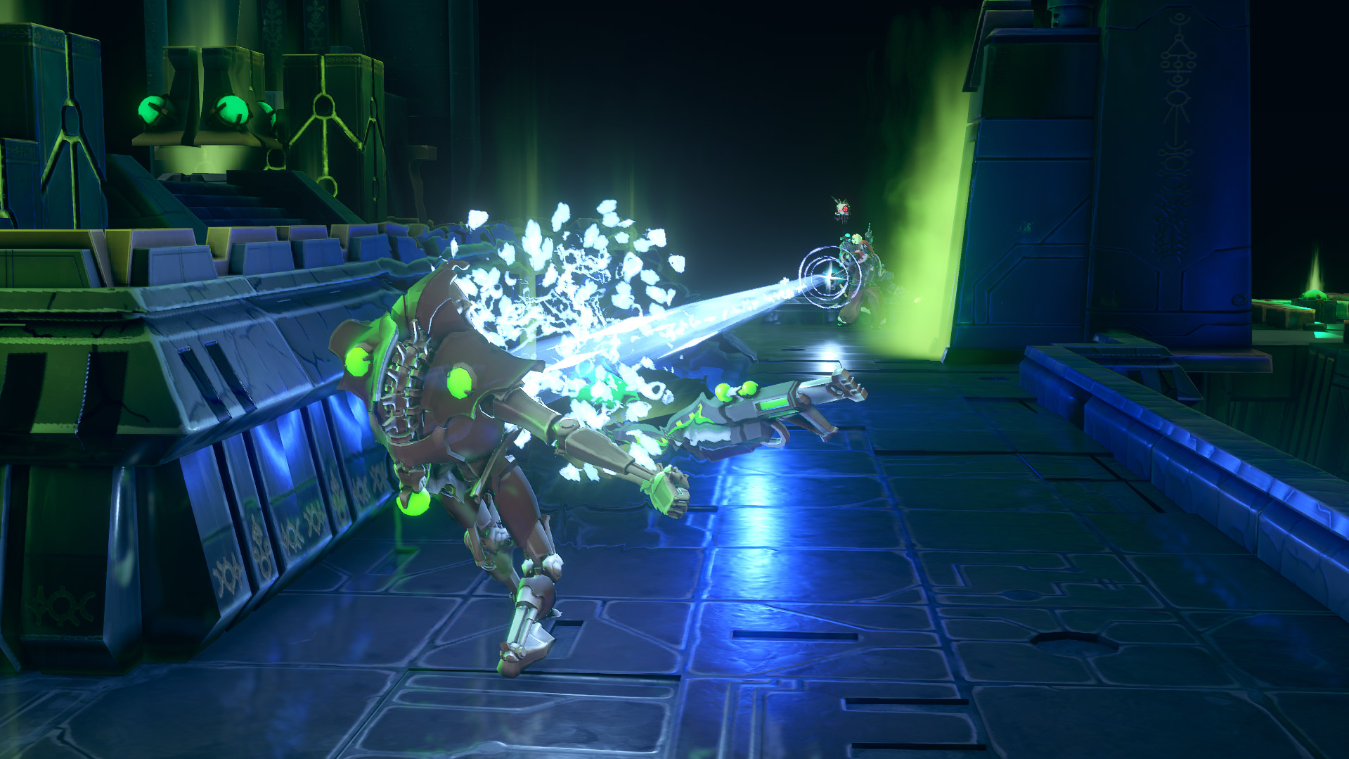 A Tech-Priest fires an energy weapon at an enemy in a dark chamber.
