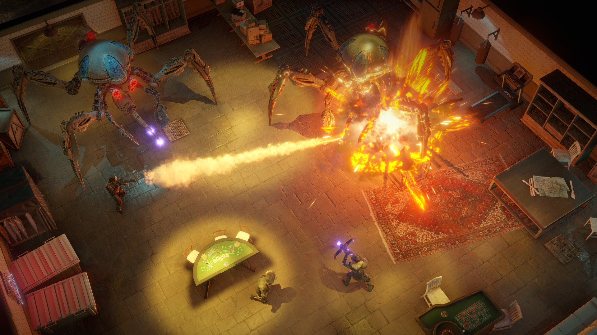 A squad confronts hostile figures during a fiery indoor encounter.
