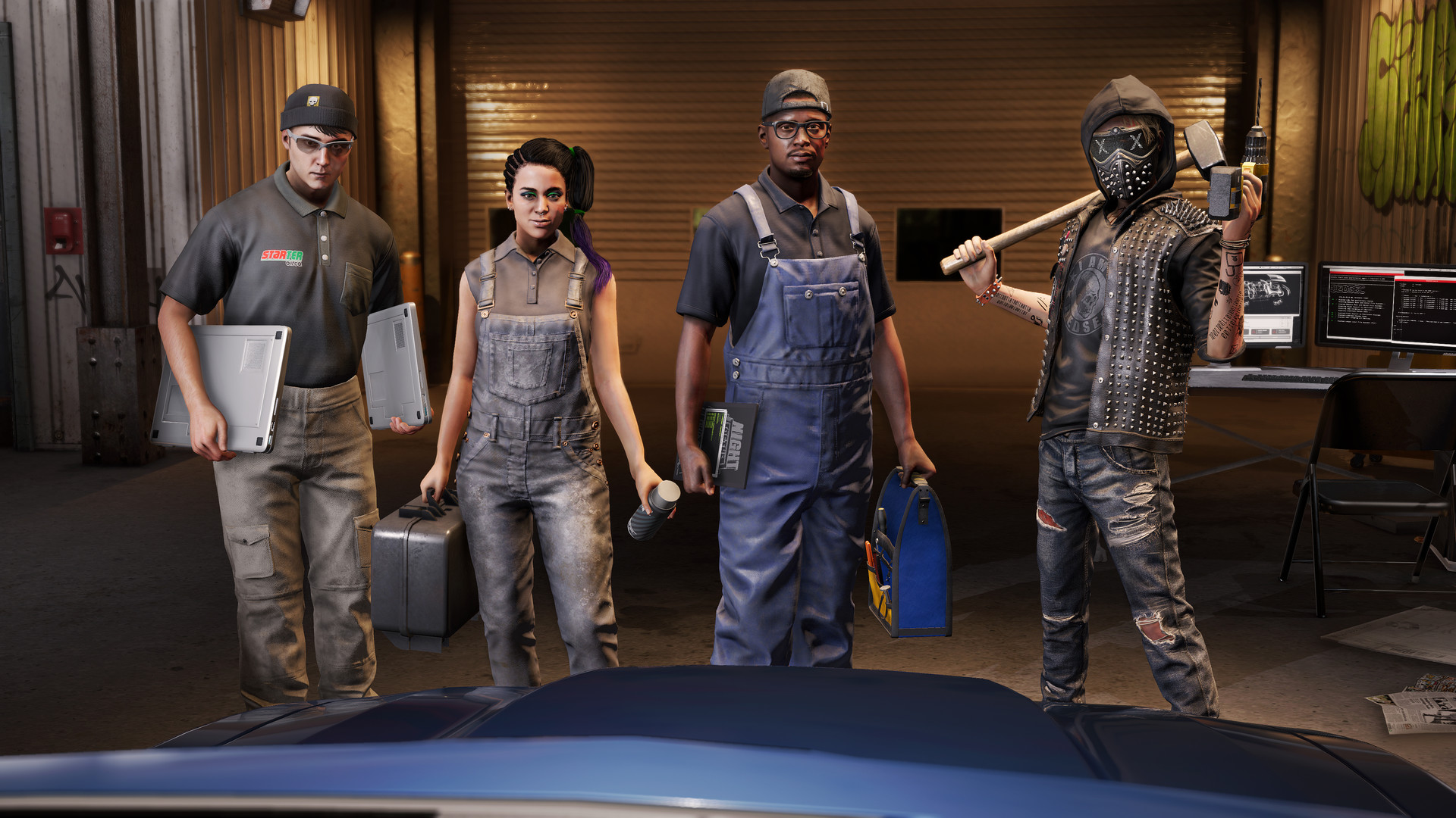 Marcus and DedSec members gather in a workshop.