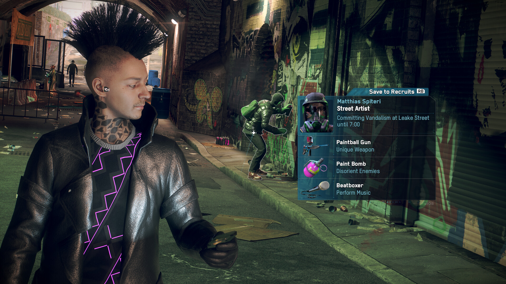 A recruit profile appears over a London street scene.