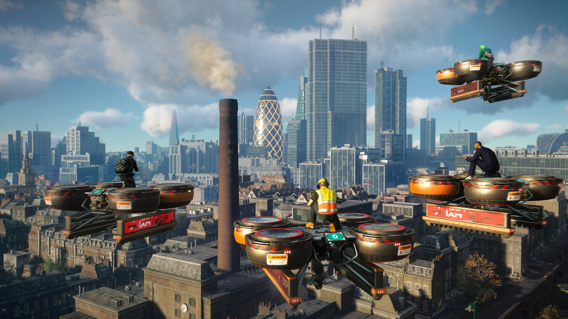 People stand on hovering cargo drones above the London skyline.