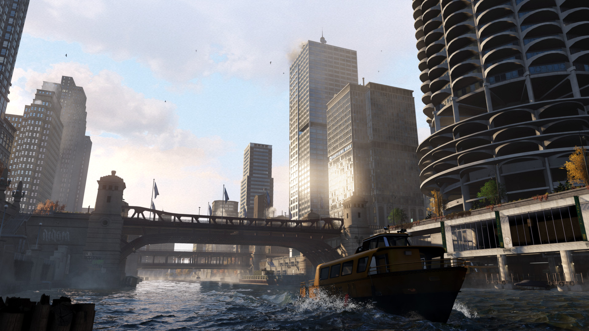 A boat moves along the Chicago River beneath city bridges.