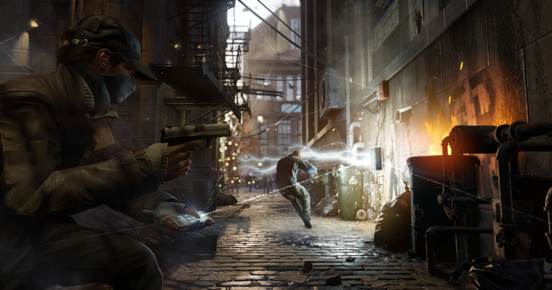 Aiden Pearce confronts an armed opponent in a narrow alley.