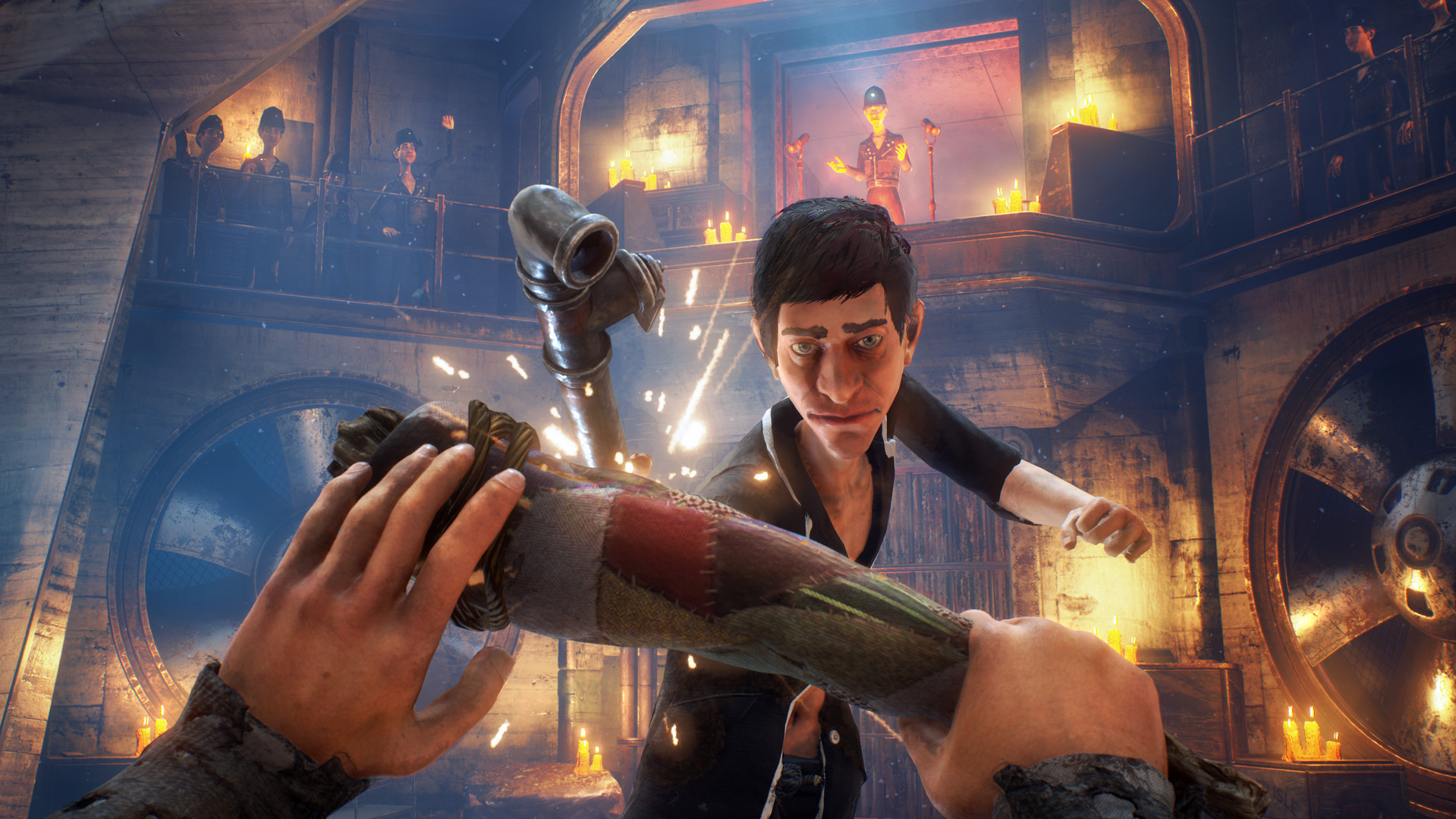 A character confronts another person inside a candlelit hall.