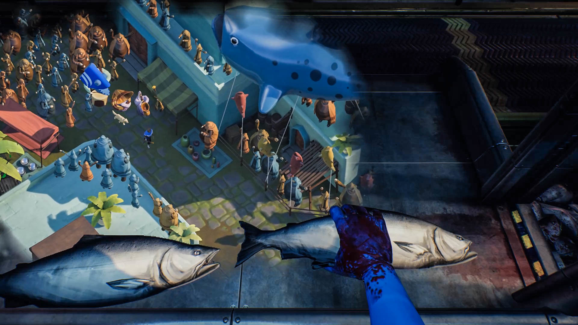 A first-person view looks down into a cluttered, toy-filled room.