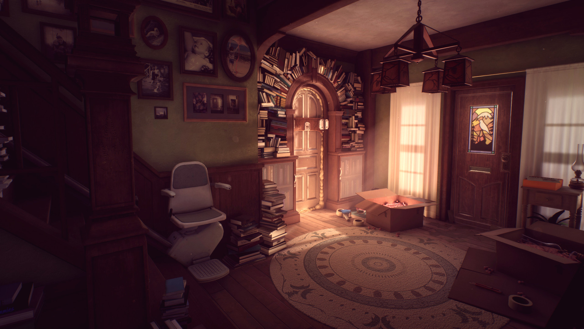 A room in the Finch house opens through a bookshelf-lined doorway.