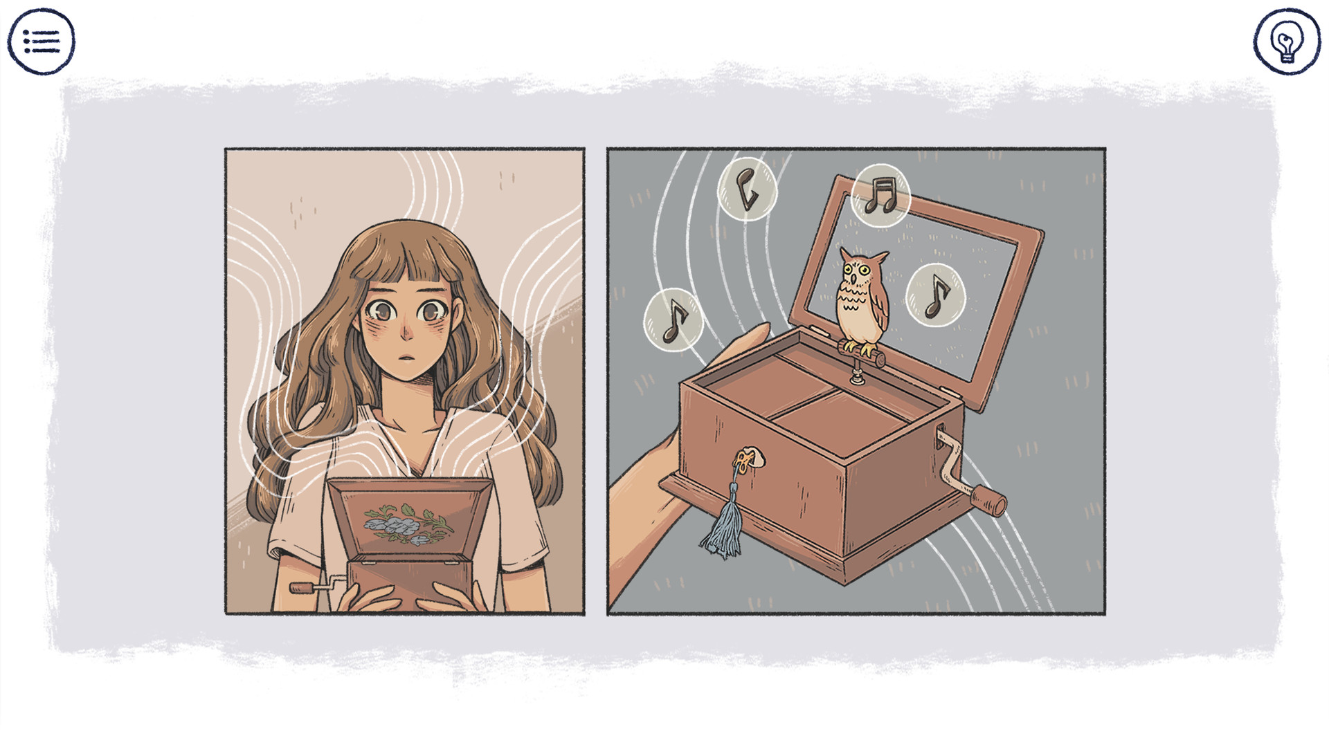 A young woman examines a music box in a softly lit room.