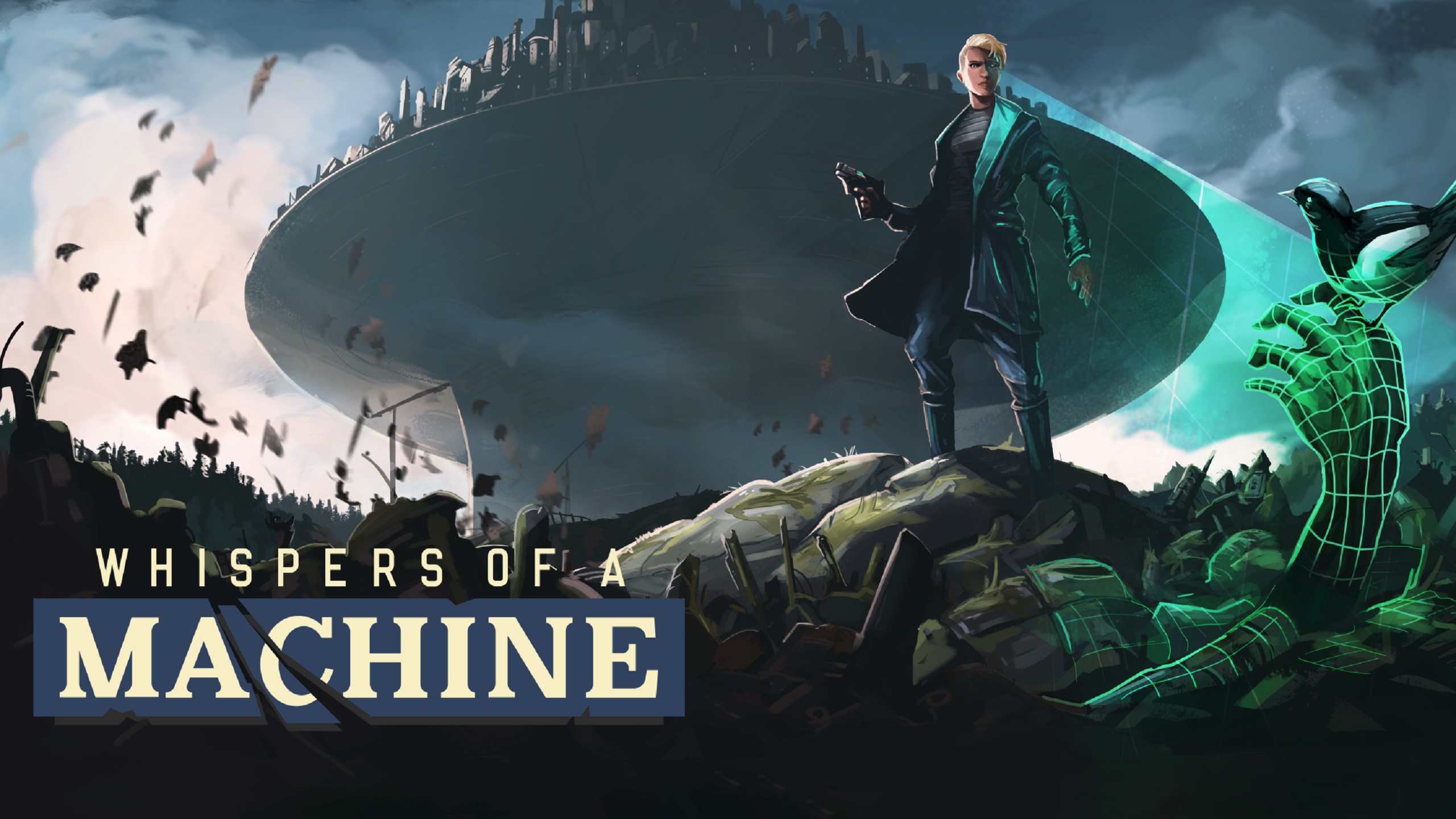 Vera stands in a blue coat beside a green mechanical outline and the game title.