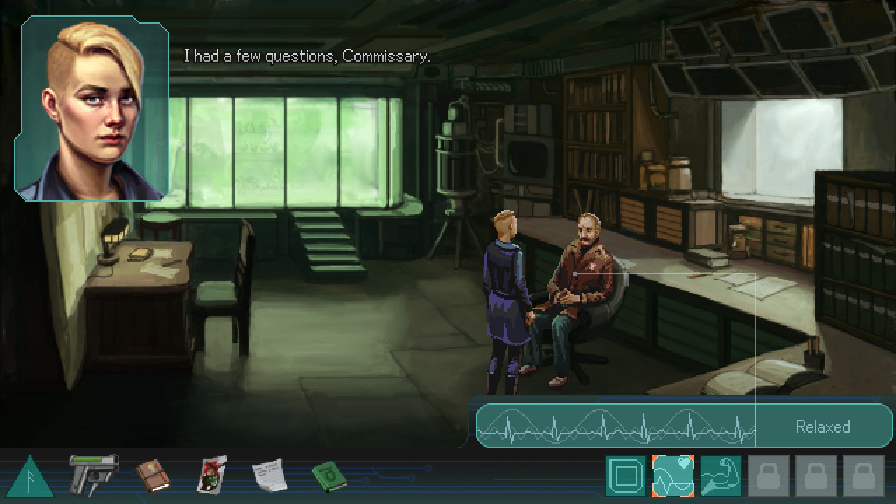 Vera questions a commissar while her investigation interface remains visible.
